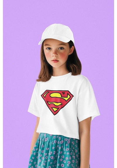 Sevbano Süperman Logo Baskılı Unisex Film Kahramanı Çocuk Tişört 1-12 Ya Beyaz