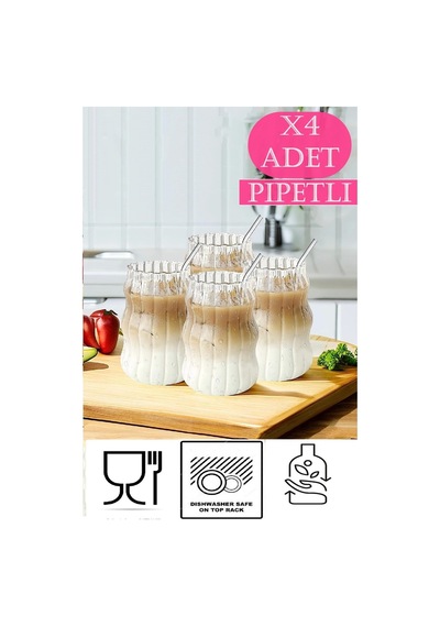 4lü Pipetli Kleemeiero Sunum Bardağı Meşrubat Kahve Soğuk İçecek Hediyelik Bardak 500ml