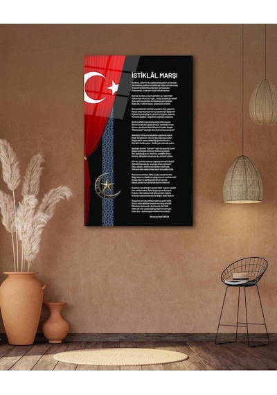 İstiklal Marşı Ve Türk Bayrağı Cam Tablo Modern Ev Ofis Salon Hediyelik Büyük Tablo Duvar Dekoru