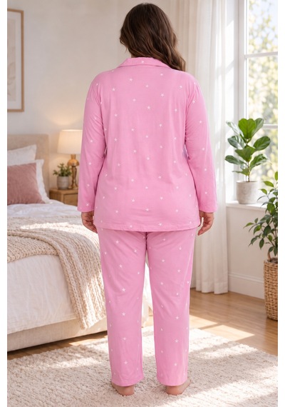 Seboteks Milan Kumaş Önden Düğmeli Uzun Kollu Büyük Beden Kadın Pijama Takımı 3499 Pembe