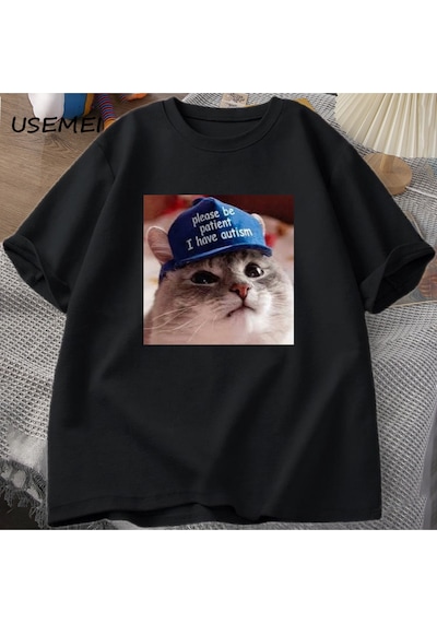 Flood Of Style Lütfen Sabırlı Olun Ben Otizm Kedi Grafik T Shirt Erkek T-shirt Adam Giysileri Kısa Kollu Pam Siyah