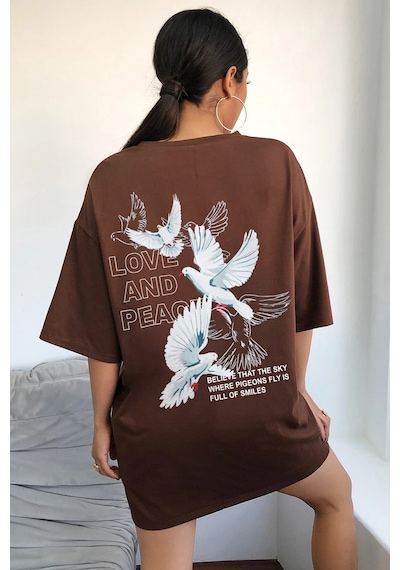 Uyguntarz Love And Peace Baskılı Unisex Oversize Tshirt Kahverengi