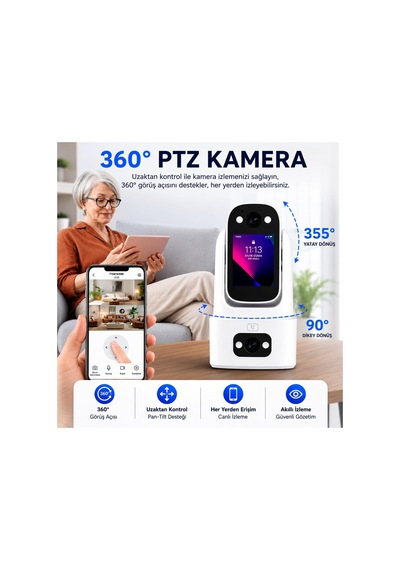 Çift Kameralı 355 Derece Ptz Wifi Güvenlik Kamerası İç Mekan