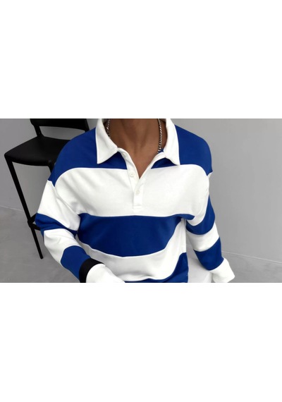 Unisex Üç İplik Parçalı Yakalı Sweatshirt - Mavi 001