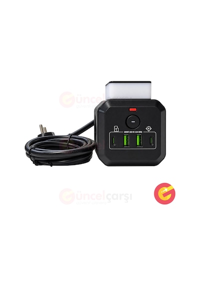 Güncelçarşı 3'lü Akım Korumalı Küp Priz 2 Metre Kablolu 2200w 1050j 2 Usb 2 Type-c Girişli Gece Lambalı Açma Kapama Düğmeli Çoklu Priz 0 - 2 M
