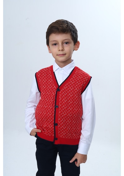 Toontoy Kids Toontoy Erkek Çocuk V Yaka Düğmeli Triko Yelek - Diagonal Desenli Kırmızı