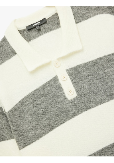 Koton Regular Fit Uzun Kollu Polo Yaka Triko Kazak Gri Çizgili 6wam70012ht Gri Çizgili