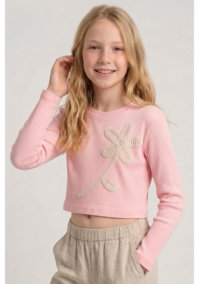 Breeze Kız Çocuk Uzun Kollu Tişört Örgü Çiçek Aplikeli 6-12 Yaş, Pembe