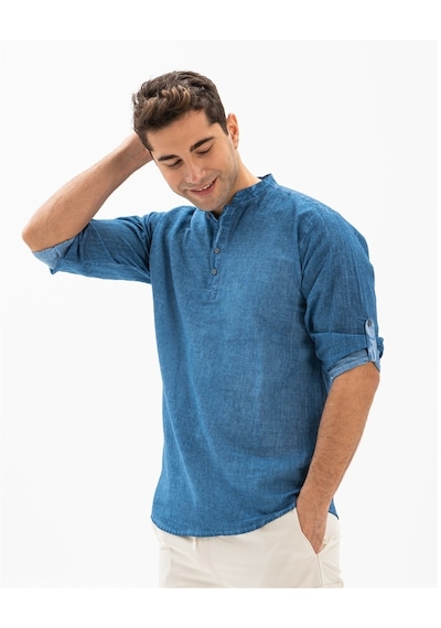Uzun Kol Şile Bezi Bodrum Erkek T-Shirt Kot Mavi 9011