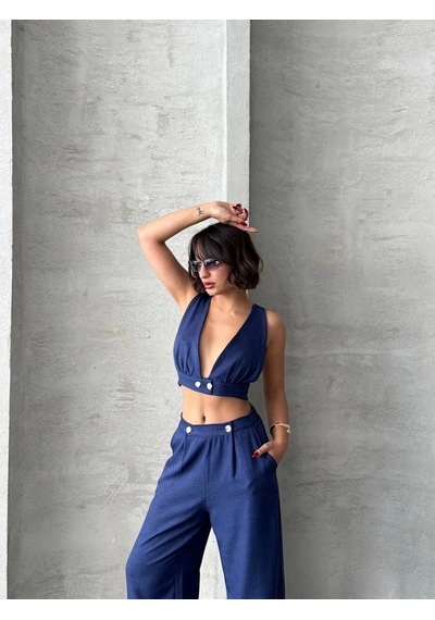 By Mop Crop Pantolon Keten Takım S255012 Lacivert