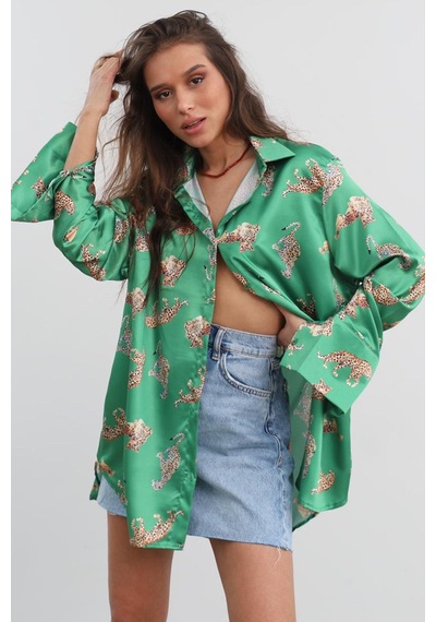 Madmext Mad Girls Leoparlı Yeşil Saten Gömlek Mg187-yeşil Yeşil