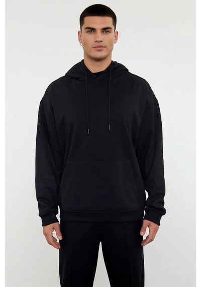 Benerly Erkek Kapüşonlu Düşük Kol Uzun Kollu Oversize Kalıp Sweatshirt Fo siyah