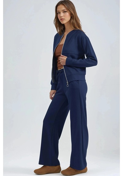Fiolin Modal Dokulu Fermuarlı Sweatshirt & Nervürlü Pantolon Takımı Lacivert