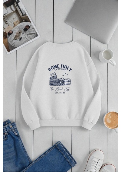 Uyguntarz Unisex Rome Itally Tasarım Baskılı Bisiklet Yaka Sweatshirt Gri