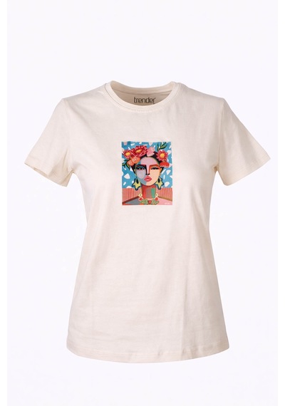 Trender Tablo Bask Bej Kadın T-shirt 26yl71595003 Bej
