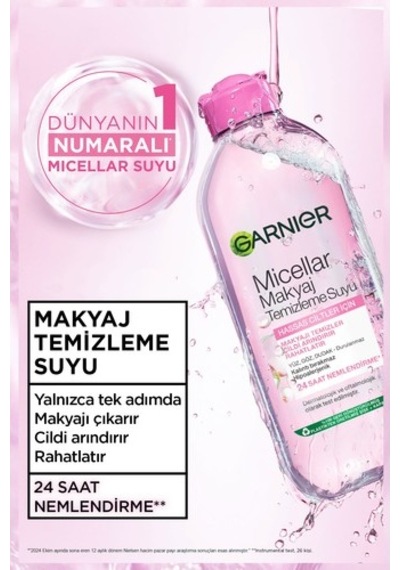 Garnier Micellar Makyaj Temizleme Suyu 400ml, 24 Saat Nemlendirme, Hassas Ciltler İçin