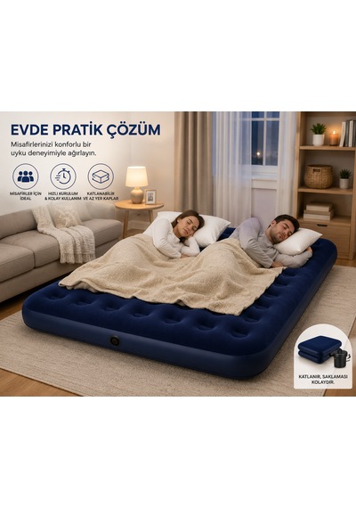 Çift Kişilik Şişme Yatak 300 Kg Taşıma Kapasiteli Elektrikli Pompalı 197x137x22 Cm Lacivert