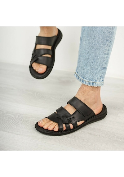 Ayakkabiburada 034 Günlük Hakiki Deri Erkek Terlik Siyah Cırtlı