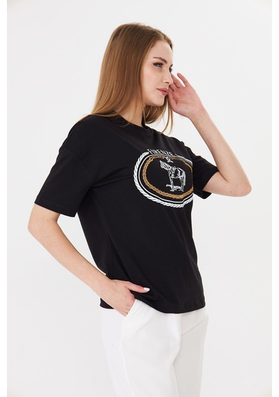 Sortie Collection Firenze At Baskılı Rahat Kalıp Basic Tişört Siyah