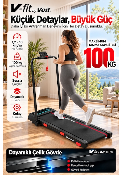 Voit Flow Katlanabilir Koşu Bandı 15 Kademe Otomatik Eğim Bluetooth 2 Hp Brushless Motor