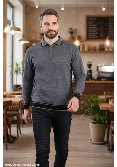 Kamalı Erkek Gri Tüylenme Yapmayan Anti-pilling Standart Fit Normal Kesim Premium Polo Yaka Triko Kazak