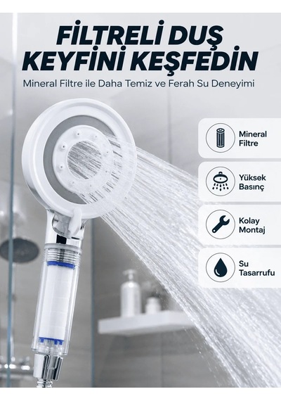 Ers Şeffaf Filtre Hazneli Duş Başlığı Güçlü Akışlı Pratik Banyo Duşu