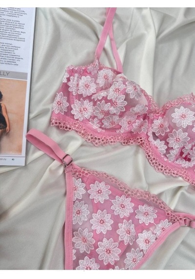 Arona Kadın Balenli Transparan Papatya Desenli Tanga Sütyen Takımı Pembe Papatya Pembe