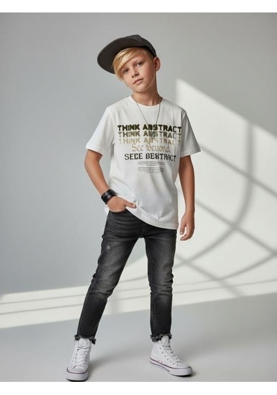Zekids Erkek Çocuk Baskılı Tasarım T-shirt-16906 Ekru