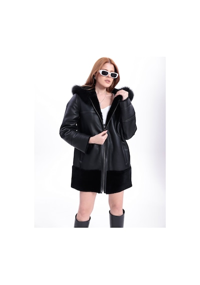 M M Marki Marki Kadın Hakiki Deri Kaban, İçi Kürklü, 85 Cm, Kapüşonlu, Oversize, Siyah Kışlık - 120222