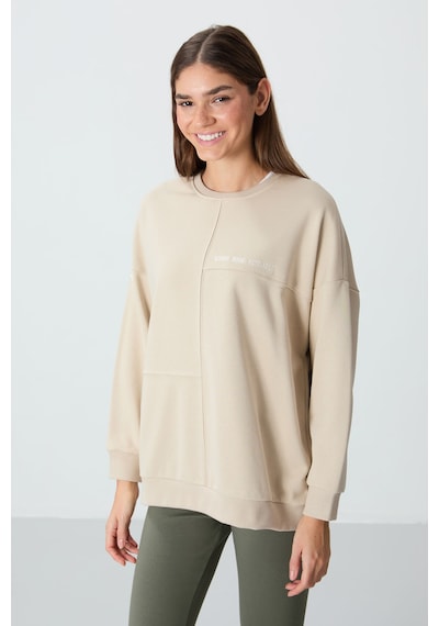 Tommy Life Bej Kompakt Pamuklu Kalın Pürüzsüz Dokulu O Yaka Oversize Fit Kadın Sweatshirt - 97288 Bej