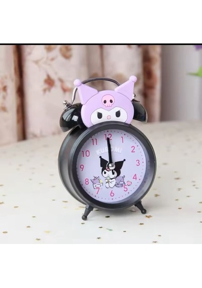 Kuromi Tasarımlı Metal Masa Saati - Işıklı Çift Zilli Nostaljik Alarm Saat Mor Siyah