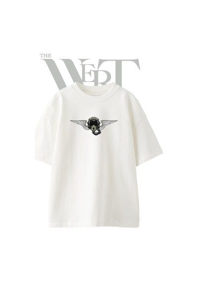 Thewert Pilot Kask Kanat Tasarım Baskılı Ünisex Beyaz Oversize T-shirt