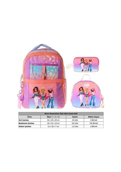 Wow Generation Üçlü İlkokul Okul Çanta Seti - Turuncu - Mor - Shine Baskılı - Kız Çocuk - Setwg-w6090a Çok Renkli
