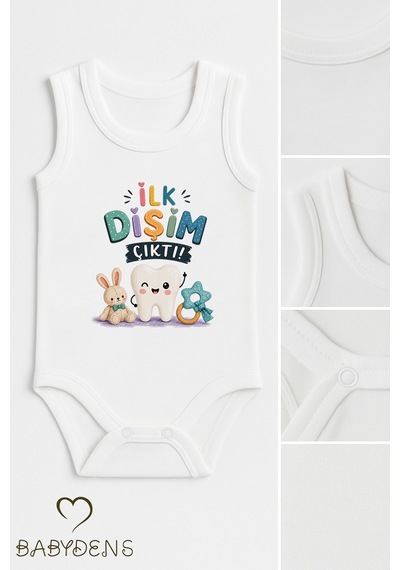 Babyden's Diş Buğdayı Body %100 Pamuk İlk Dişim Çıktı Baskılı Kolsuz Bebek Body Çıtçıtlı Unisex Yenidoğan Zıbın Beyaz