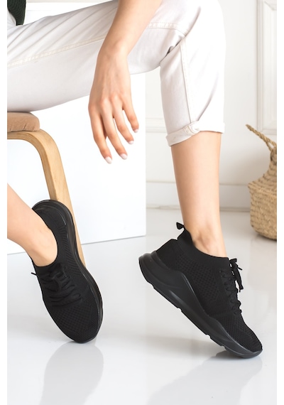 Kadın Triko Sneaker Bağcıklı Çorap Bileklik Detaylı Spor Ayakkabı 017 Siyah