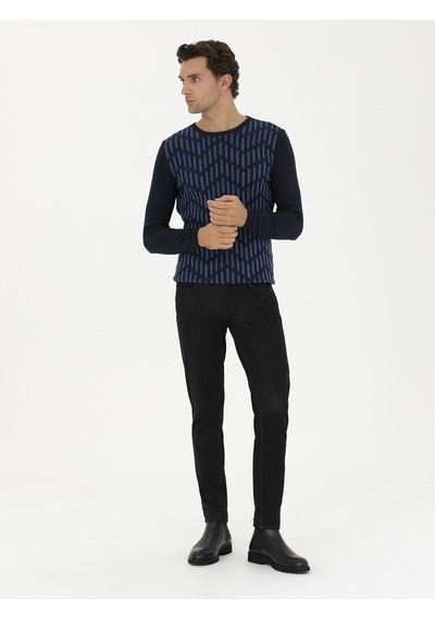 Cacharel Lacivert Slim Fit %100 Pamuk Bisiklet Yaka Triko Kazak