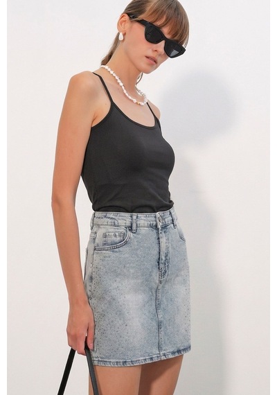 Hiccup Bdart Yüksek Bel Puantiyeli Denim Mini Etek Mavi
