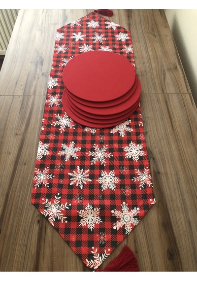 Yılbaşı Kar Tanesi Desenli Runner & Supla Kırmızı