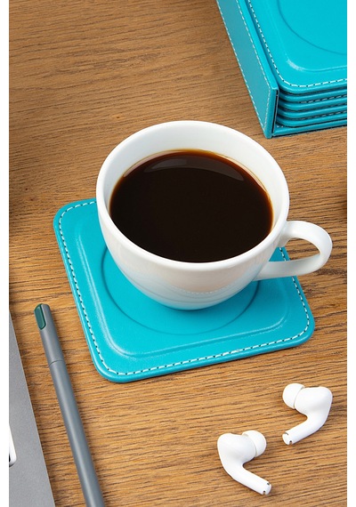 Bardak Altlığı,6 Lı Set,masaüstü Yuvarlak Cup Coaster,vegan Suni Deri,11x11 Cm.,turkuaz Turkuaz