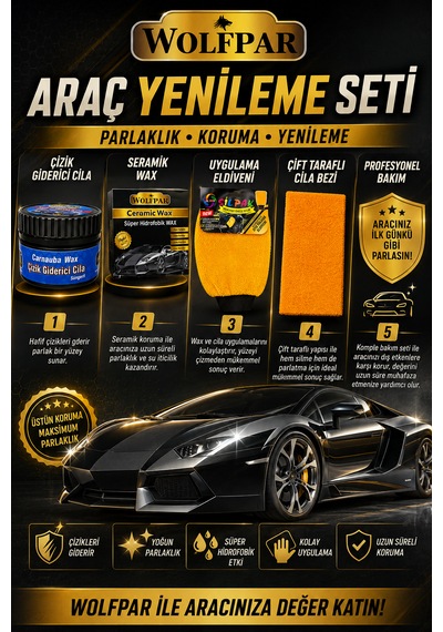 Araç Yenileme Seti Çizik Giderici Cila + Ceramic Wax + Uygulama Eldiveni + Çift Taraflı Cila Bezi