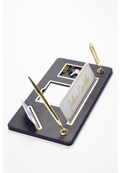 Turgut Office Organizer Deri Masa İsimliği Düz Siyah Gold Detaylı