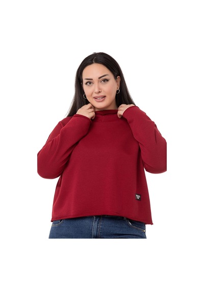 Büyük Beden Kapüşonlu Düşük Kollu Pis Dikişli Üç İplik Bordo Sweatshirt-bordo Bordo