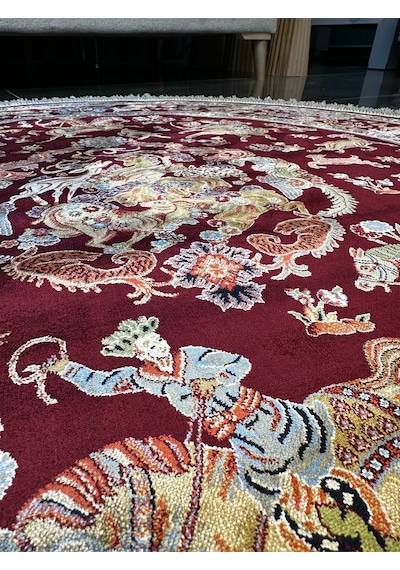 Orfe İpek Tuşeli Halı Salon Halısı, Oturma Odası Halısı, Antre Giriş Halısı Yuvarlak Bordo