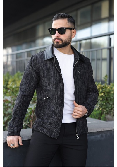 Vintage Kadife Deri Yaka Detaylı Ceket Siyah