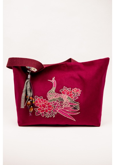 Fabric Craft Bag Omuz Çantası Kumaş Hint Nakışlı Vişne Renkli Astarlı Vişne Çürüğü