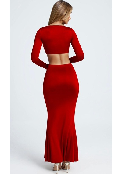 Pink Life Kırmızı Tokalı Yırtmaçlı Maxi İkili Takım Kırmızı