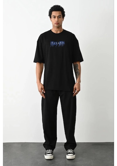 Assema Erkek Baskılı Oversize Kısa Kol T-shirt - Siyah Çok Renkli