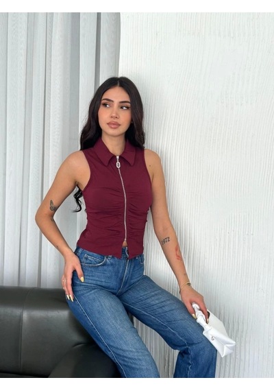Defymoda Yakalı Tam Fermuarlı Kolsuz Bluz - Bordo Bordo