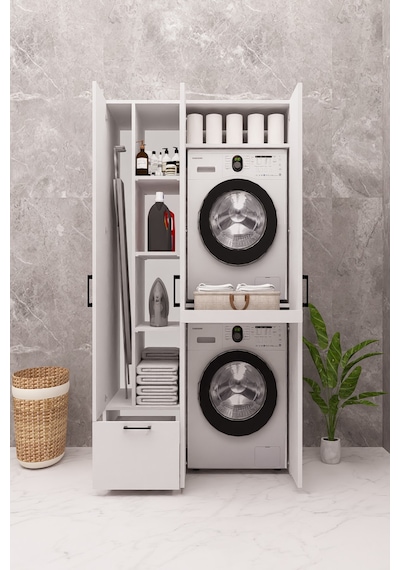 Mdf Çamaşır Makinesi Ve Kurutma Makinesi Dolabı Ütü Masalı Kapaklı Beyaz