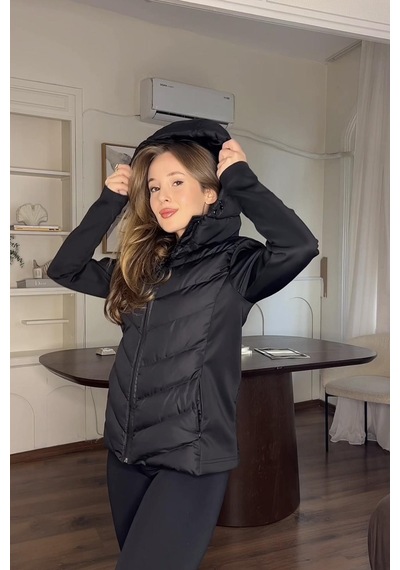 Prifaldi Siyah Kapüşonlu Şişme Mont Kışlık Slim Fit Rüzgar Geçirmez Fermuarlı Kadın Mont Siyah